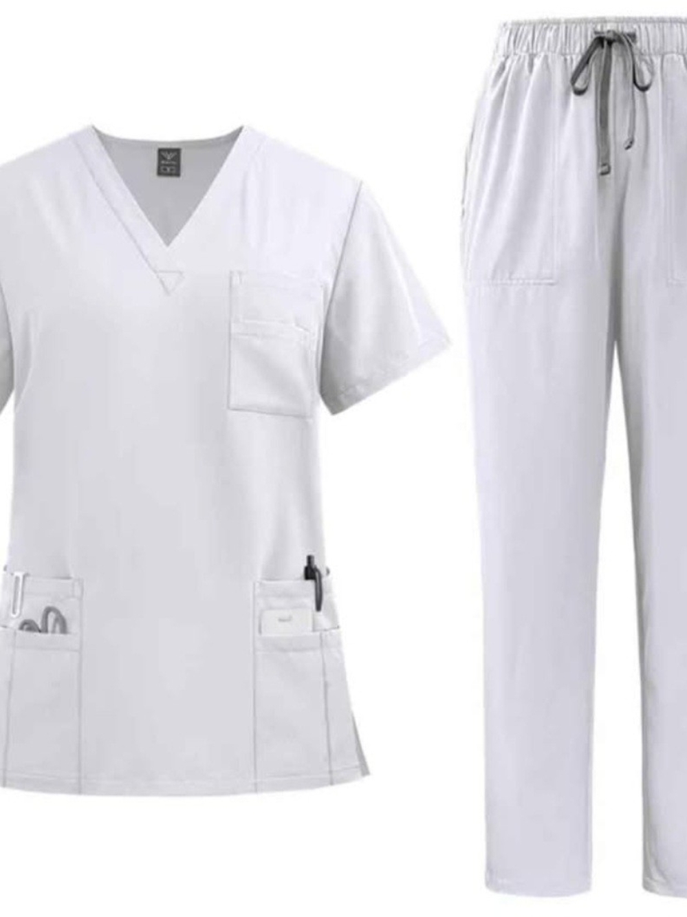 White Medical Scrub Set - V-Neck Top & Drawstring Pants